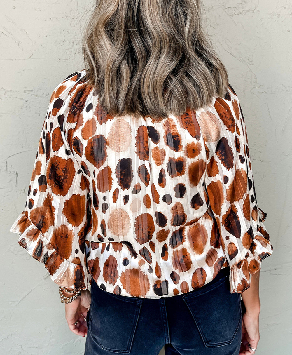 Metallic Threading Accents Pleated Abstract Printed Ruffled 3/4 Sleeve Blouse