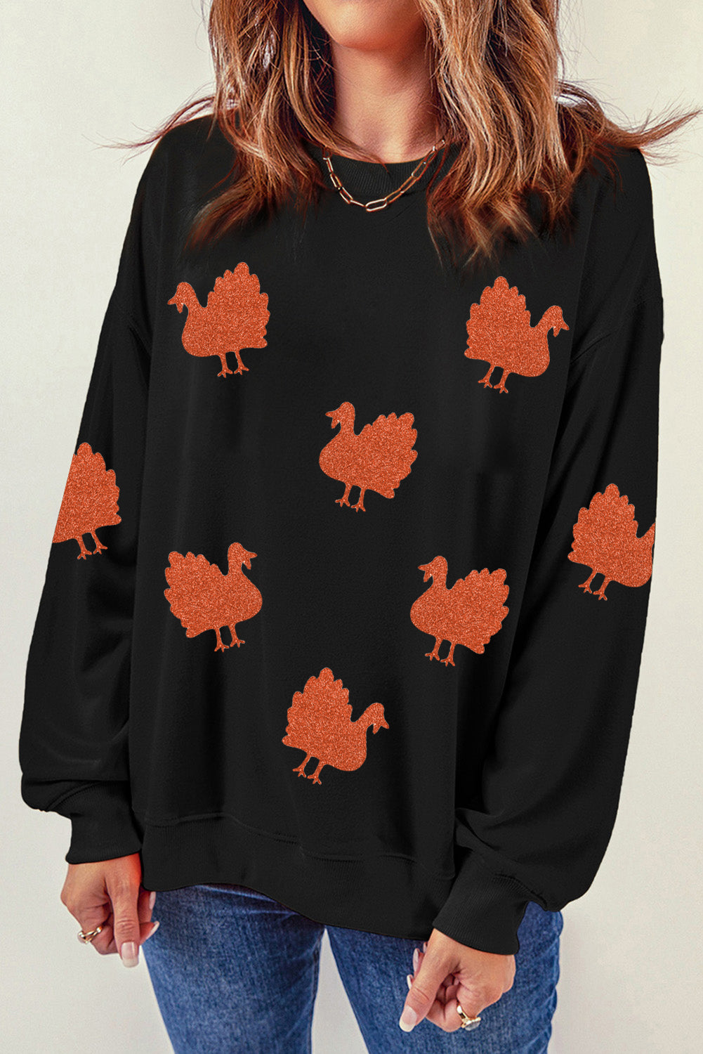 Glittering Turkey Graphic Drop Shoulder Thanksgiving Sweatshirt