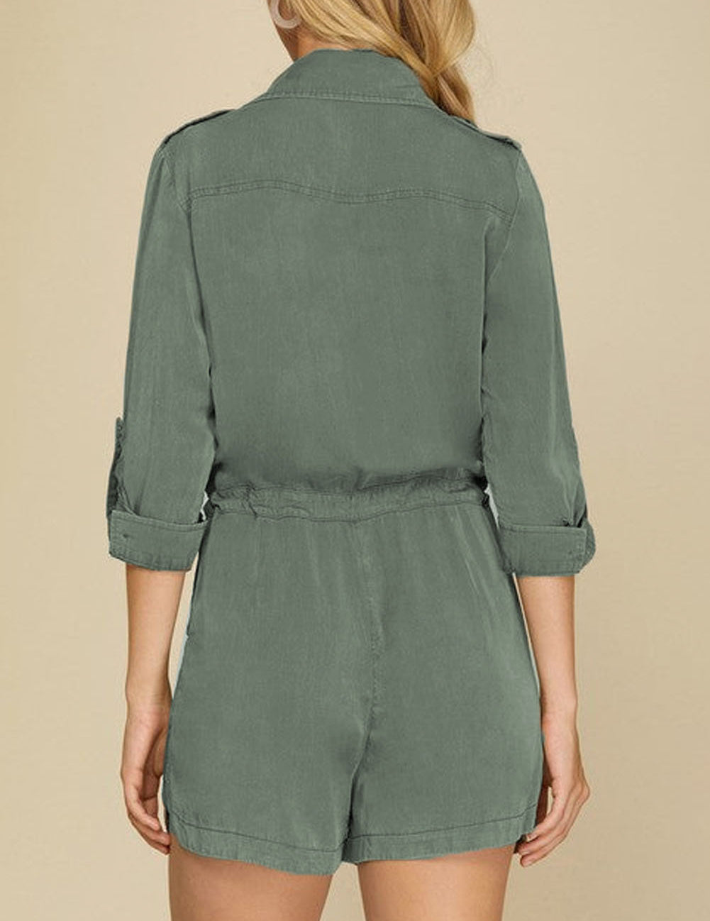 Roll up Sleeve Flap Pockets Drawstring Playsuit