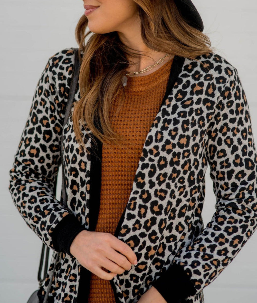 Leopard Patched Pocket Open Front Cardigan