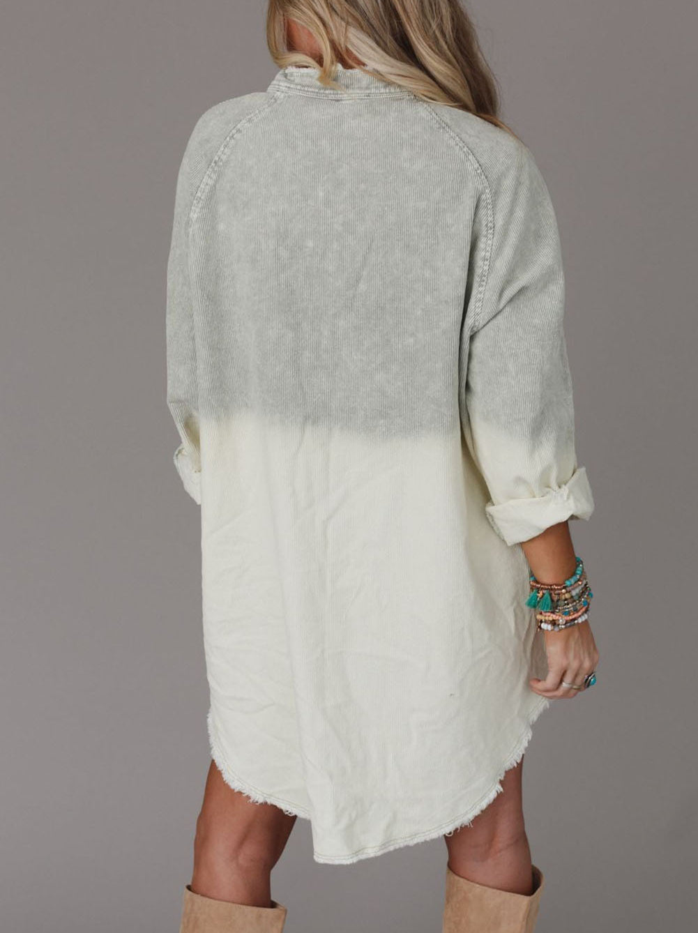 Gradient Long Sleeve Button Up Raw Hem Denim Dress