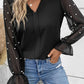 Pearl Mesh Flounce Sleeve V Neck Blouse
