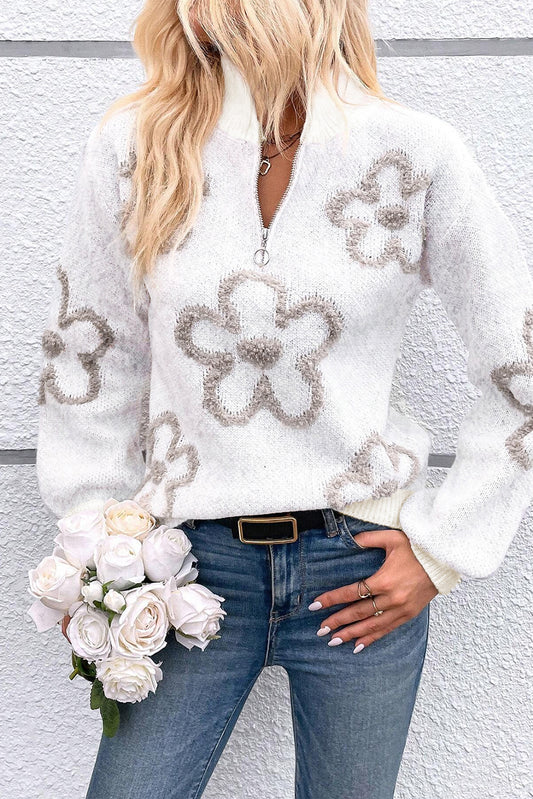 Contrast Flower Half Zipper Stand Neck Sweater