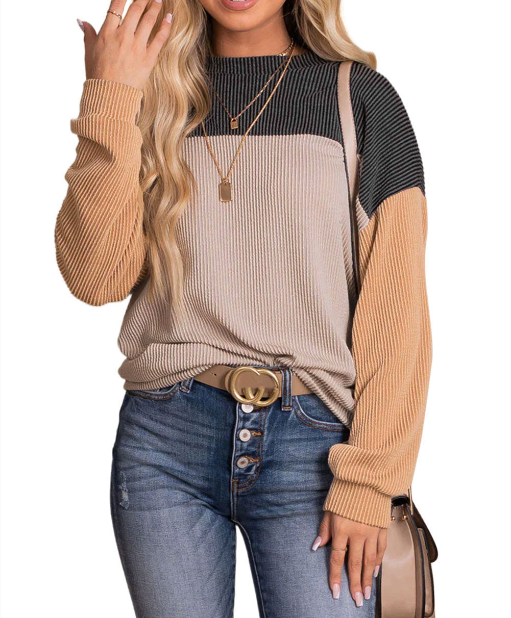Color Block Long Sleeve Ribbed Loose Top