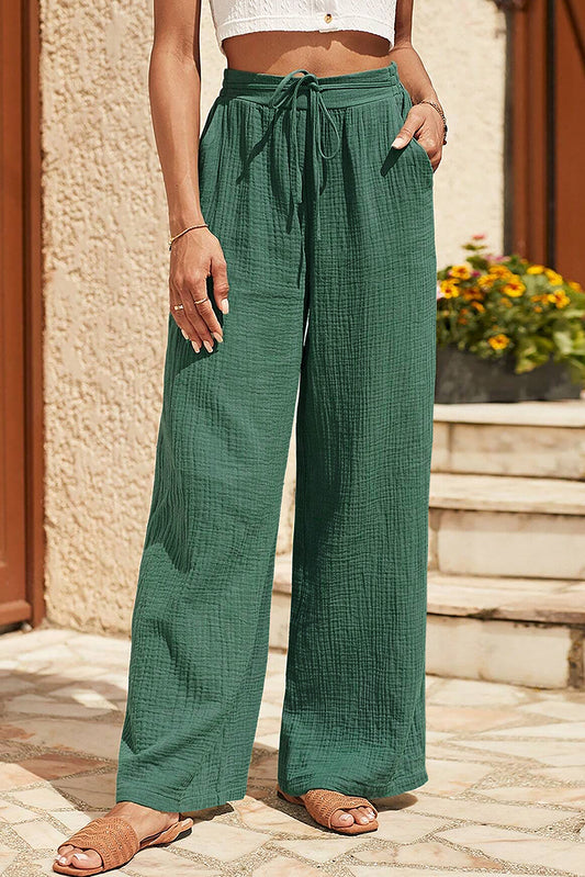 Crinkle Textured Drawstring High Waist Wide Leg Pants