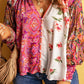 Floral Patchwork Shirred Cuffs Buttoned Blouse