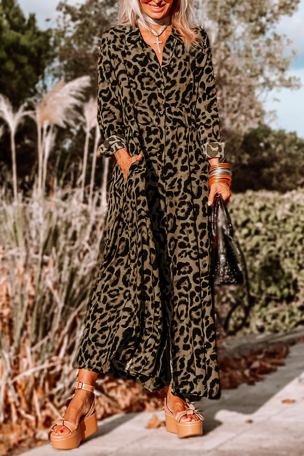 Leopard Button-Up Long Sleeve Maxi Dress