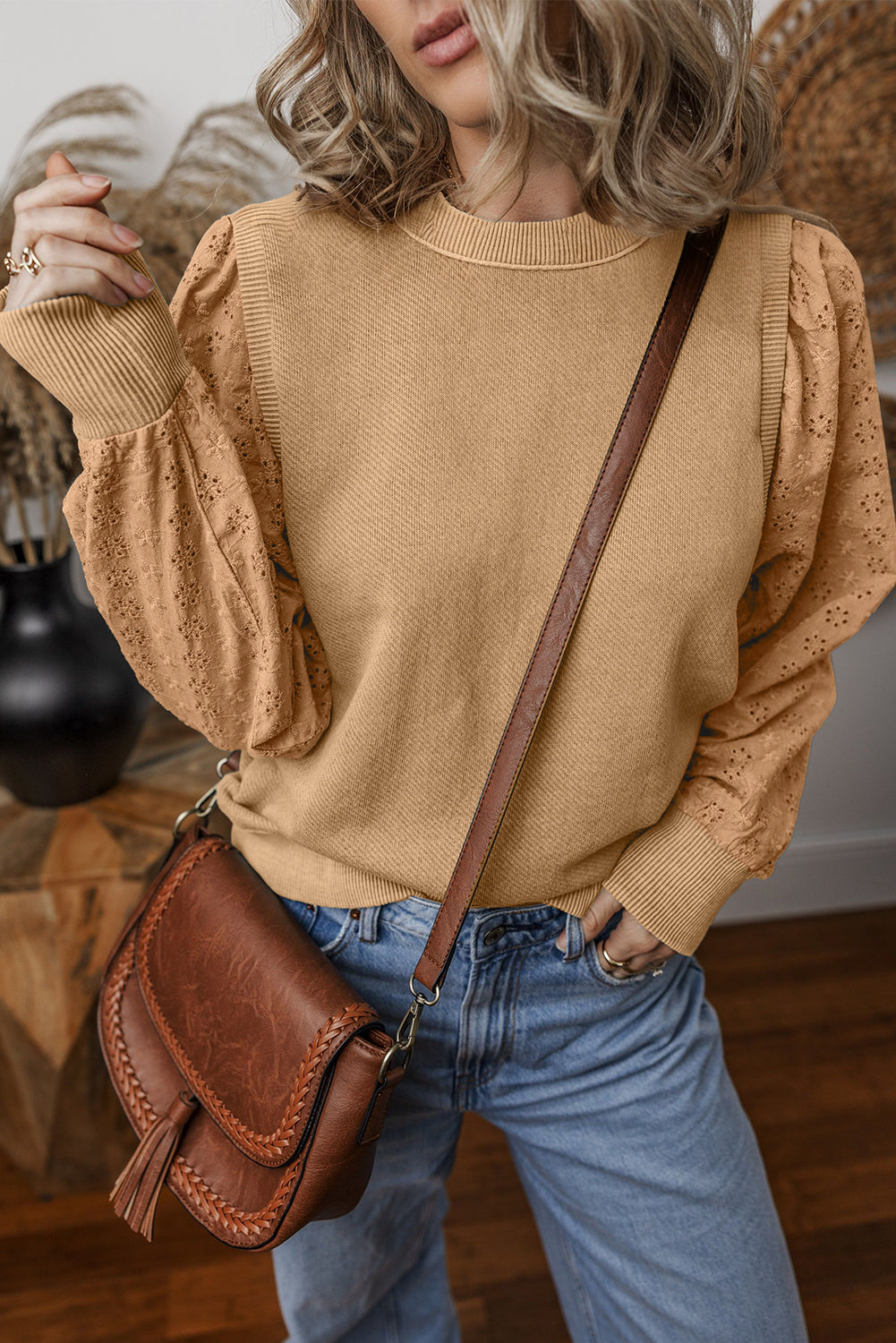 Textured Patchwork Round Neck Sweatshirt