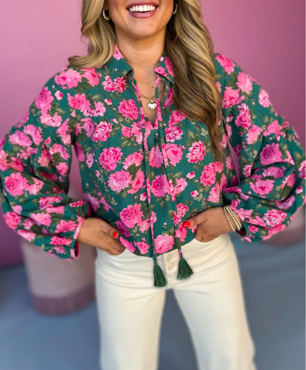 Floral Printed Tied Collar Puff Sleeve Blouse