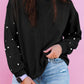 Blossom Pearled Sleeves Drop Shoulder Round Neck Pullover Sweatshirt