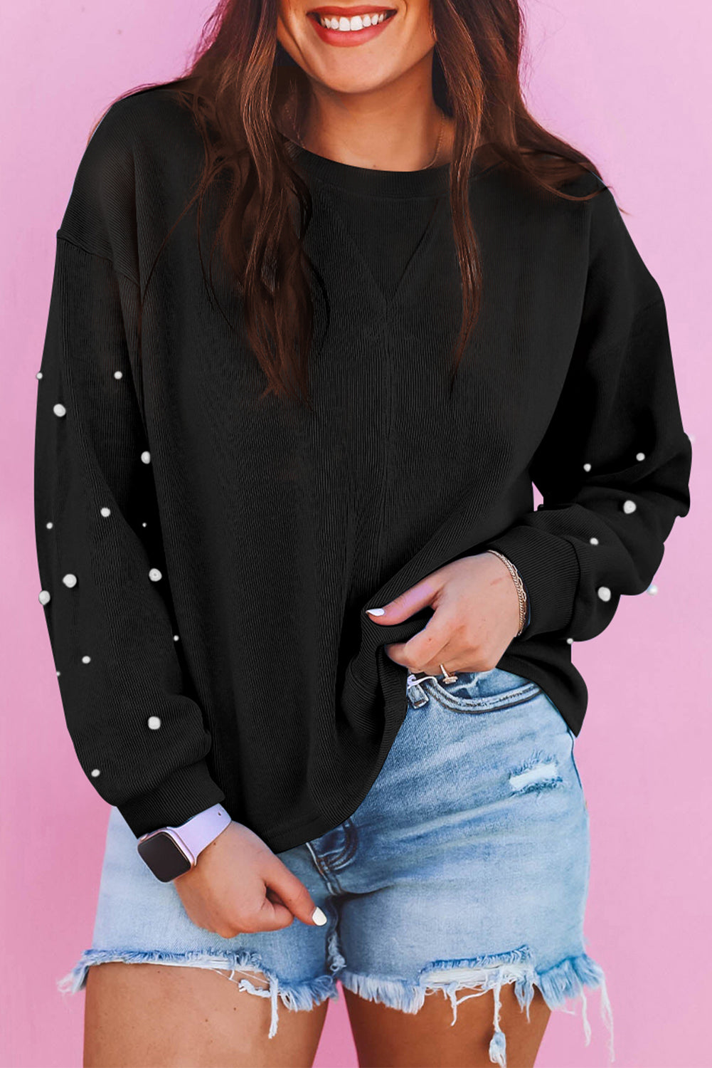 Blossom Pearled Sleeves Drop Shoulder Round Neck Pullover Sweatshirt