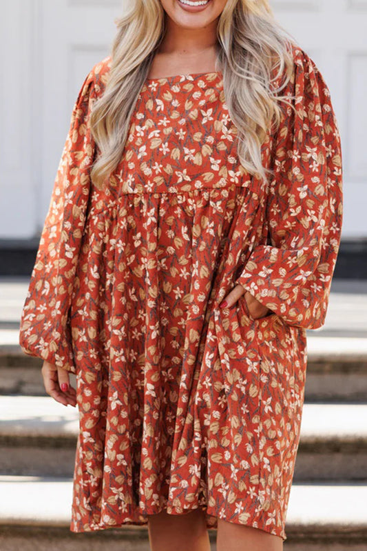 Floral Print Square Neck Bubble Sleeve Plus Size Midi Dress