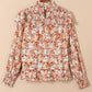 Flame Floral Smocked Sleeve High Neck Ruffled Blouse