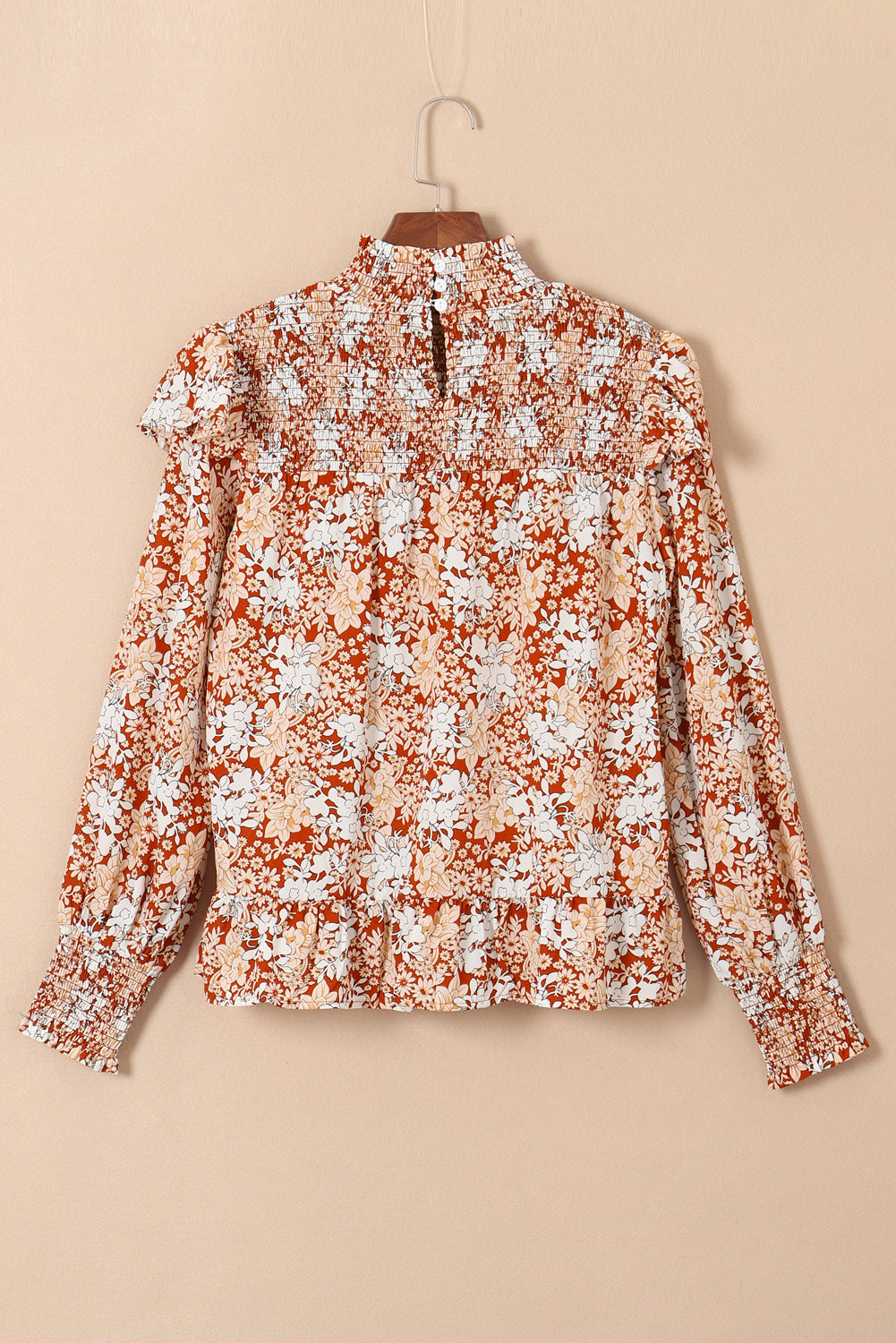 Flame Floral Smocked Sleeve High Neck Ruffled Blouse