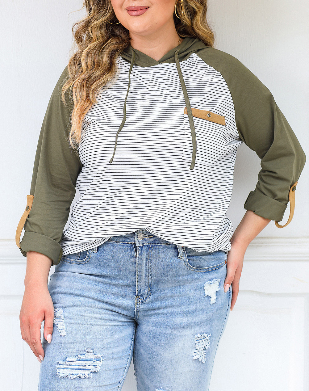 Striped Raglan Sleeve Buttoned Pocket Plus Size Hoodie
