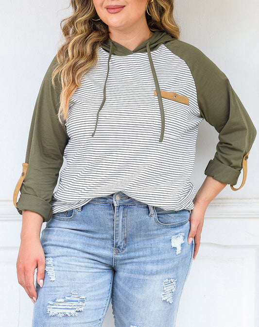 Striped Raglan Sleeve Buttoned Pocket Plus Size Hoodie