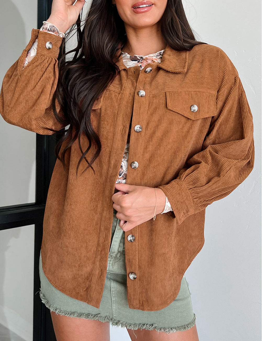 Corduroy Flap Pocket Button Up Round Hem Shacket