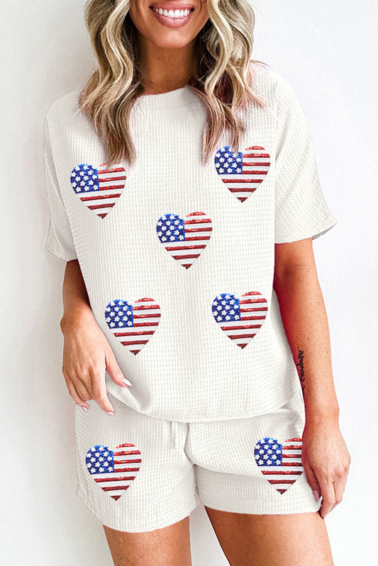 Sequin American Flag Heart Shape Waffle Knit Shorts Set