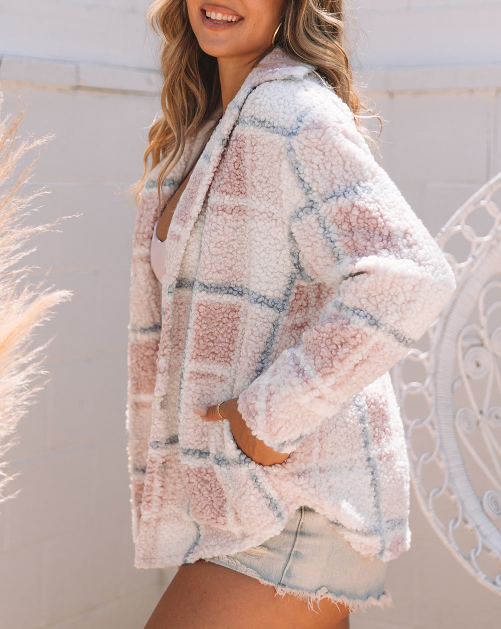 Checker Print Turn Down Collar Sherpa Shacket