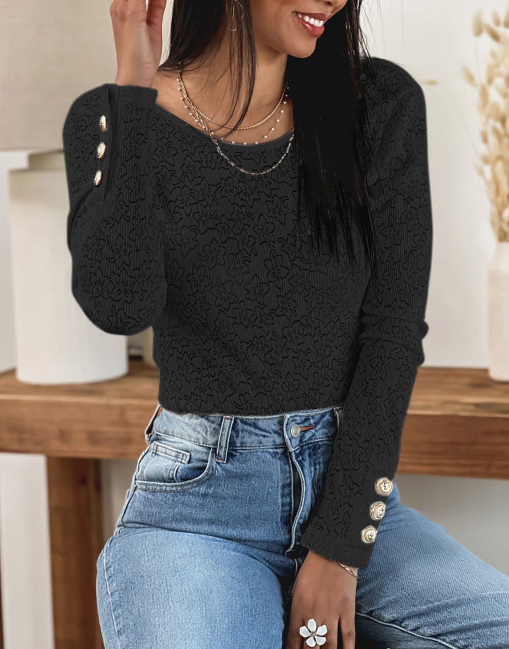 Floral Lace Buttoned Long Sleeve Bodysuit