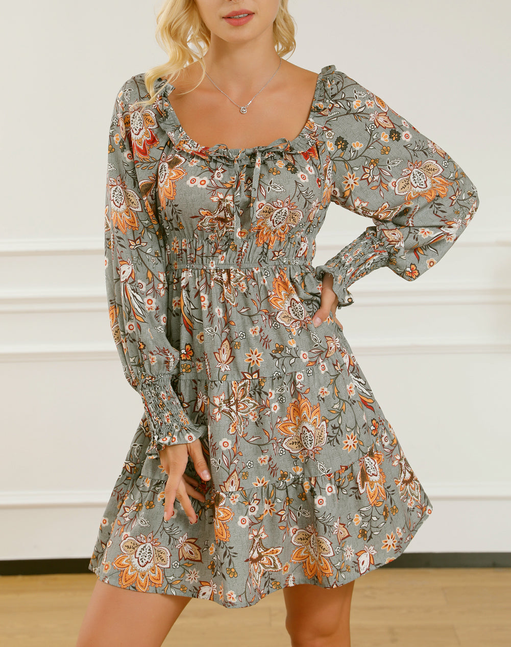 Floral Long Sleeve Frilled U-Neck Ruffled Dress