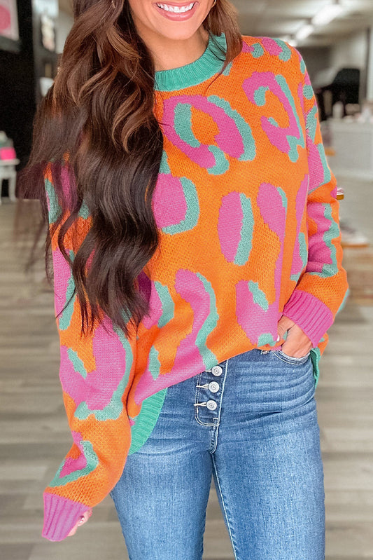 Leopard Colorblock Ribbed Edge Sweater