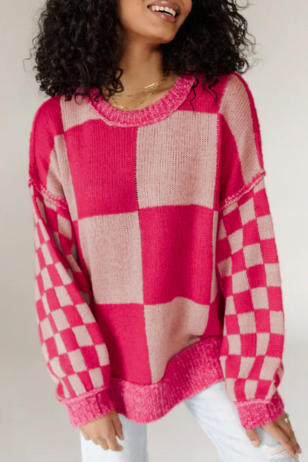 Mixed Checkered Pattern Drop Shoulder Loose Sweater