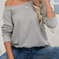 V Cut Drawstring Back Waffle Knit Long Sleeve Top