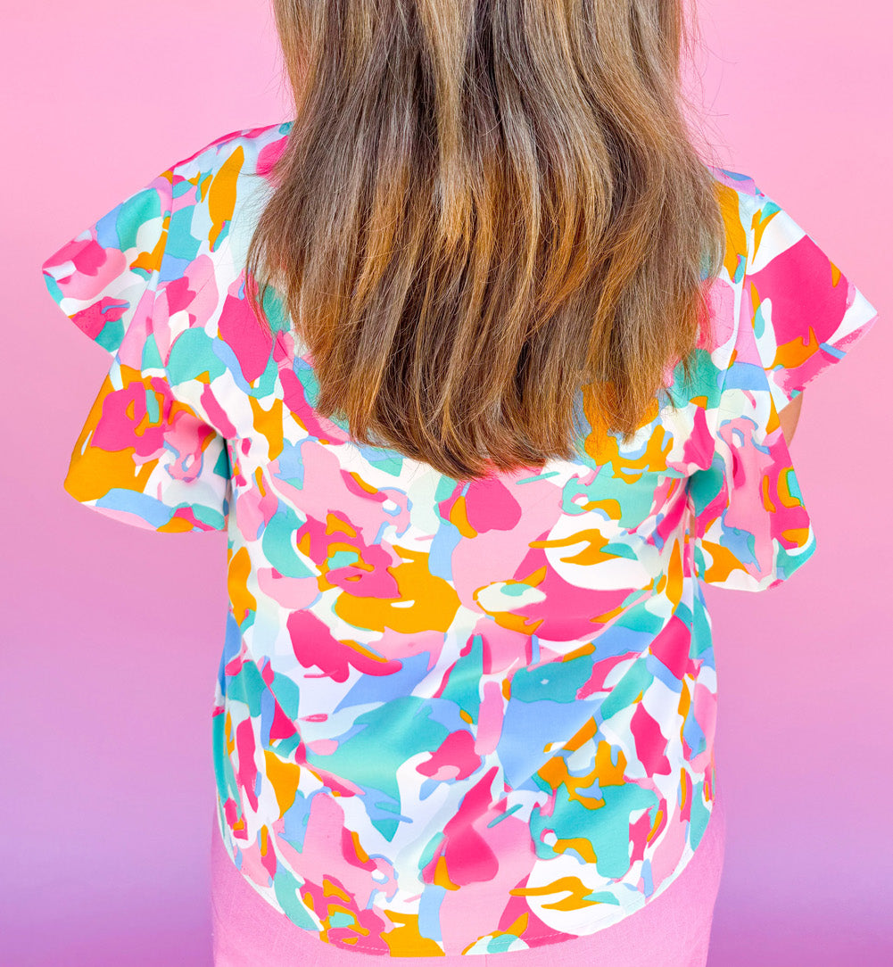 Abstract Print Ruffled Sleeve Plus Size Blouse