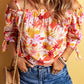 Floral Print Shirred Knotted Off Shoulder Blouse