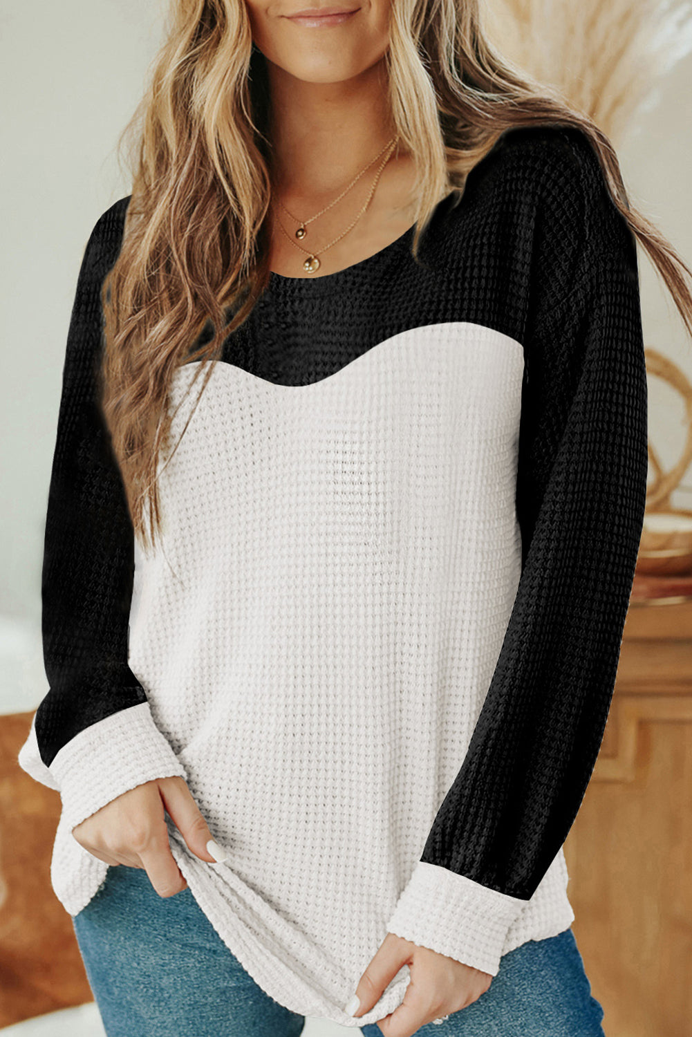 Contrast Color Waffle Knit Long Sleeve Top