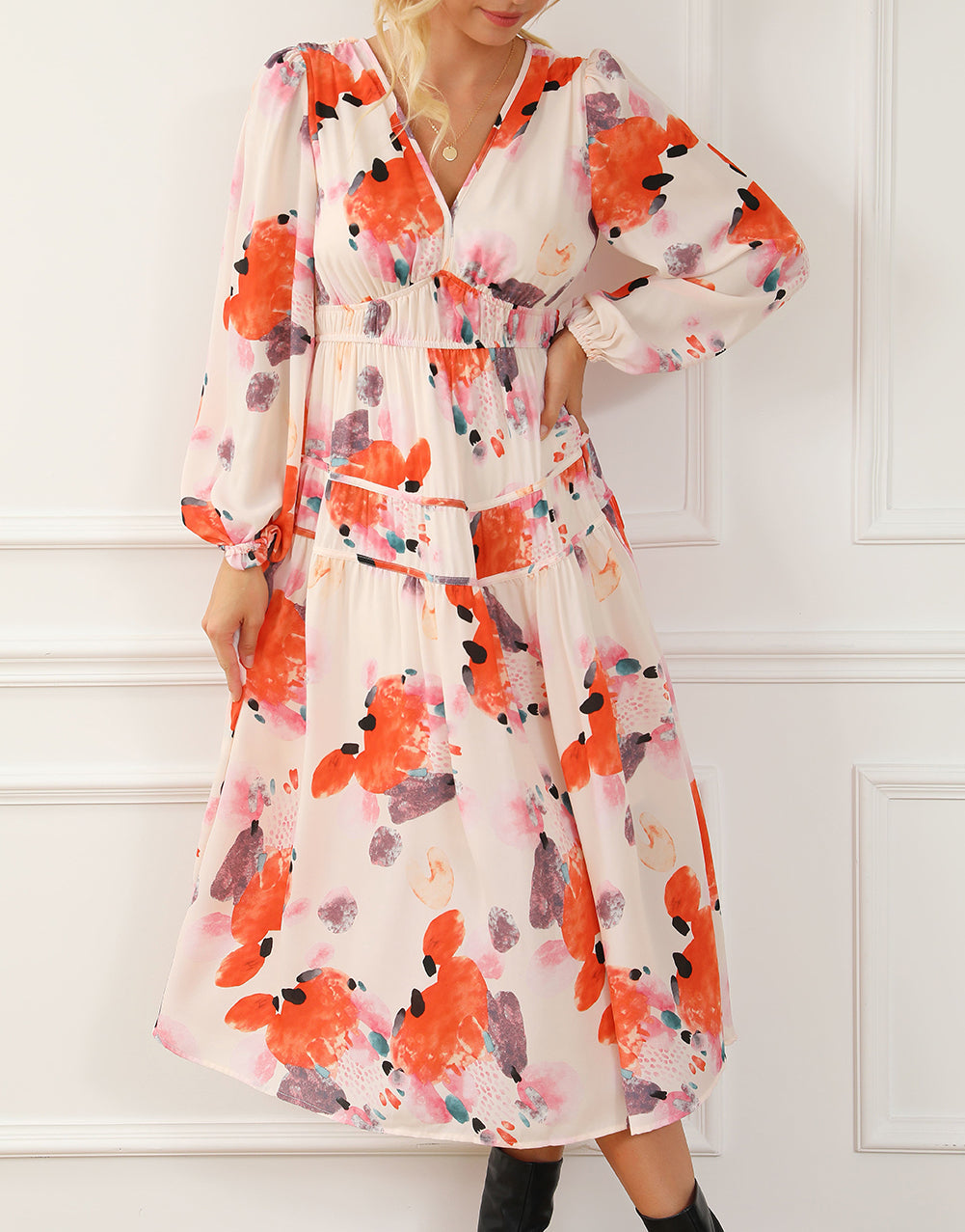 Abstract Print Pleated High Waist Maxi Dress