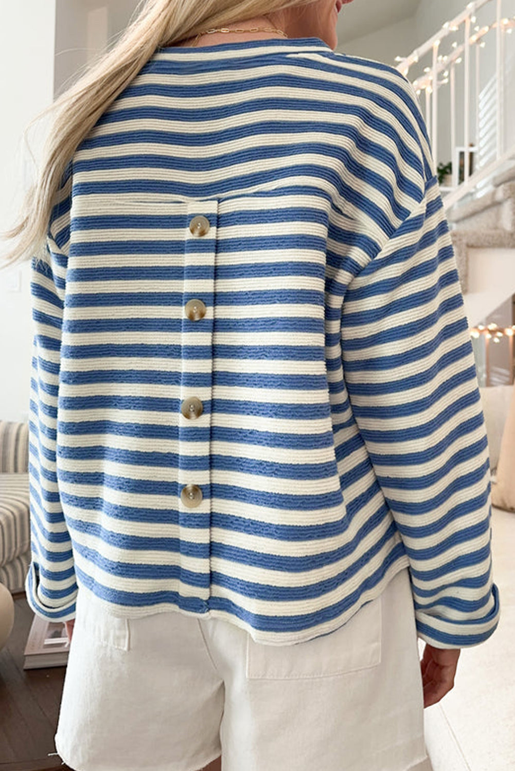 Stripe Chest Pocket Buttoned Back Notched V Neck Top