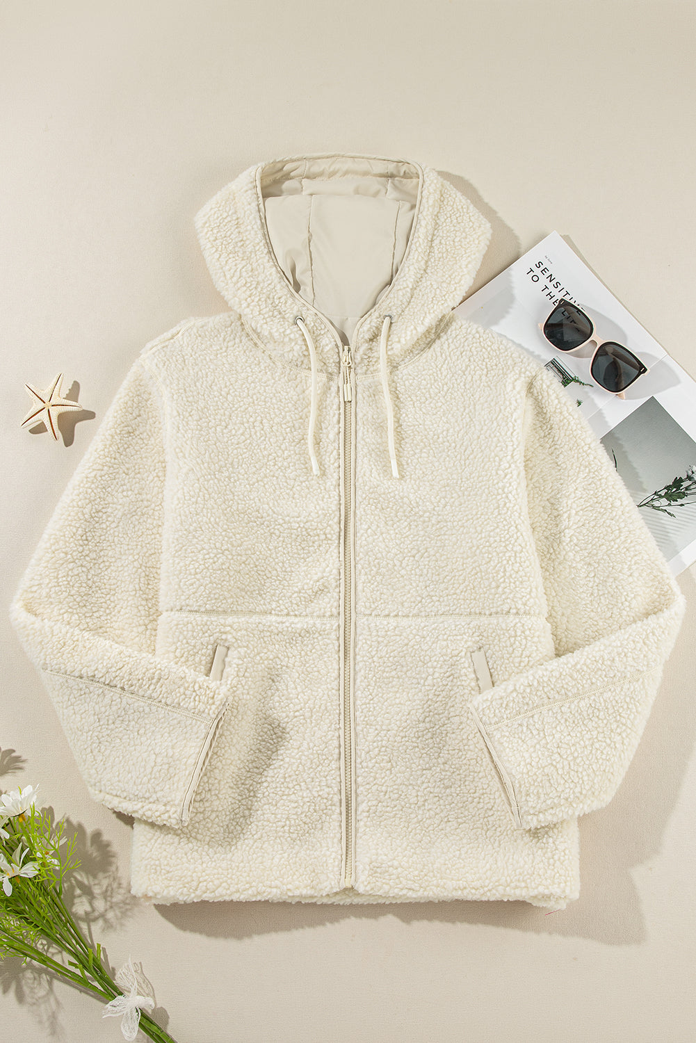 Fleece Zip Up Drawstring Hooded Pocketed Jacket