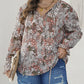 Plus Size Printed Long Sleeve Drawstring V Neck Blouse