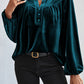 Lantern Sleeve Beaded Split V Neck Velvet Top