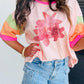 Flower Color Block Half Sleeve Loose T Shirt