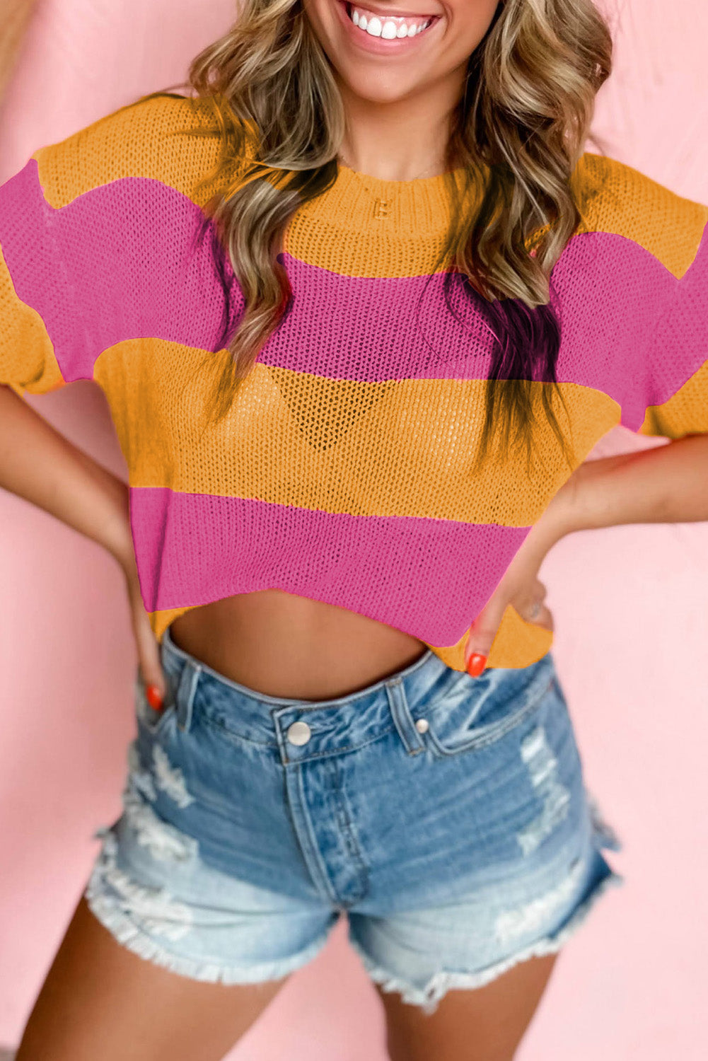 Stripe Color Block Knitted T-shirt Sweater