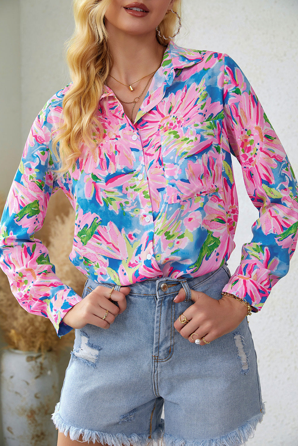 Abstract Floral Print Buttoned Sheath Long Sleeve Shirt