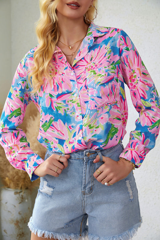 Abstract Floral Print Buttoned Sheath Long Sleeve Shirt