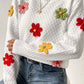 Colorful Flower Applique Textured Knit Sweater