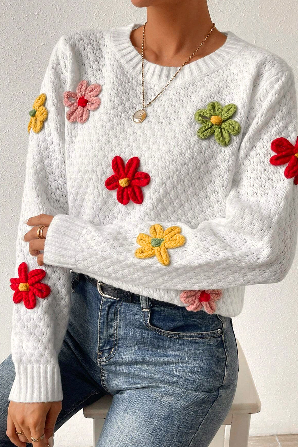 Colorful Flower Applique Textured Knit Sweater