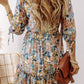 Floral 3/4 Sleeve V Neck High Waist Ruffled Dress