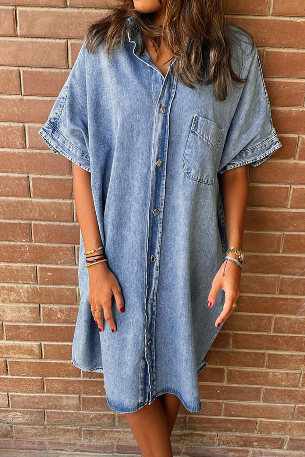 Loose Medium Wash Short Sleeve Shirt Chambray Dress
