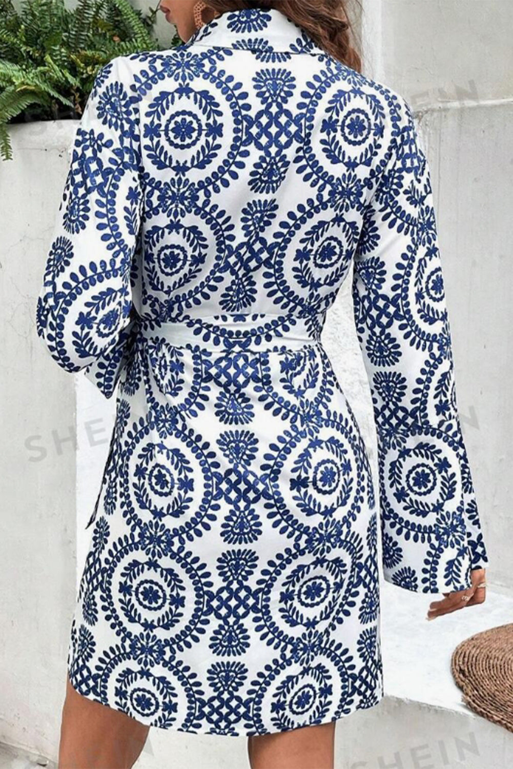 Floral Print V Neck Wrapped Knot Long Sleeve Dress