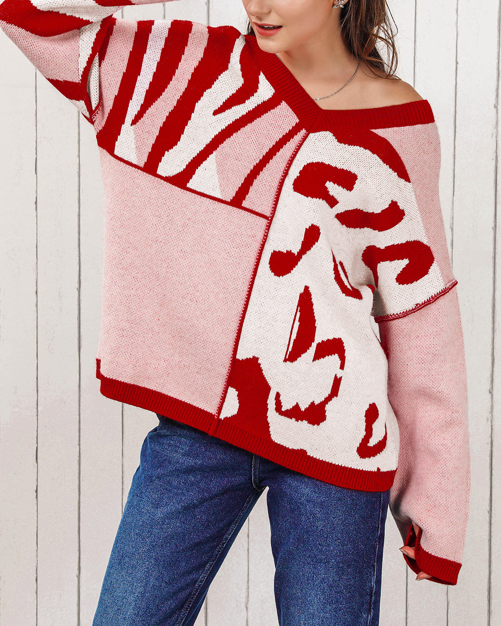 Mix Pattern Knit Ribbed Trim Oversize Sweater