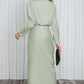 Satin Wrap Tie Side Boat Neck Long Sleeve Dress