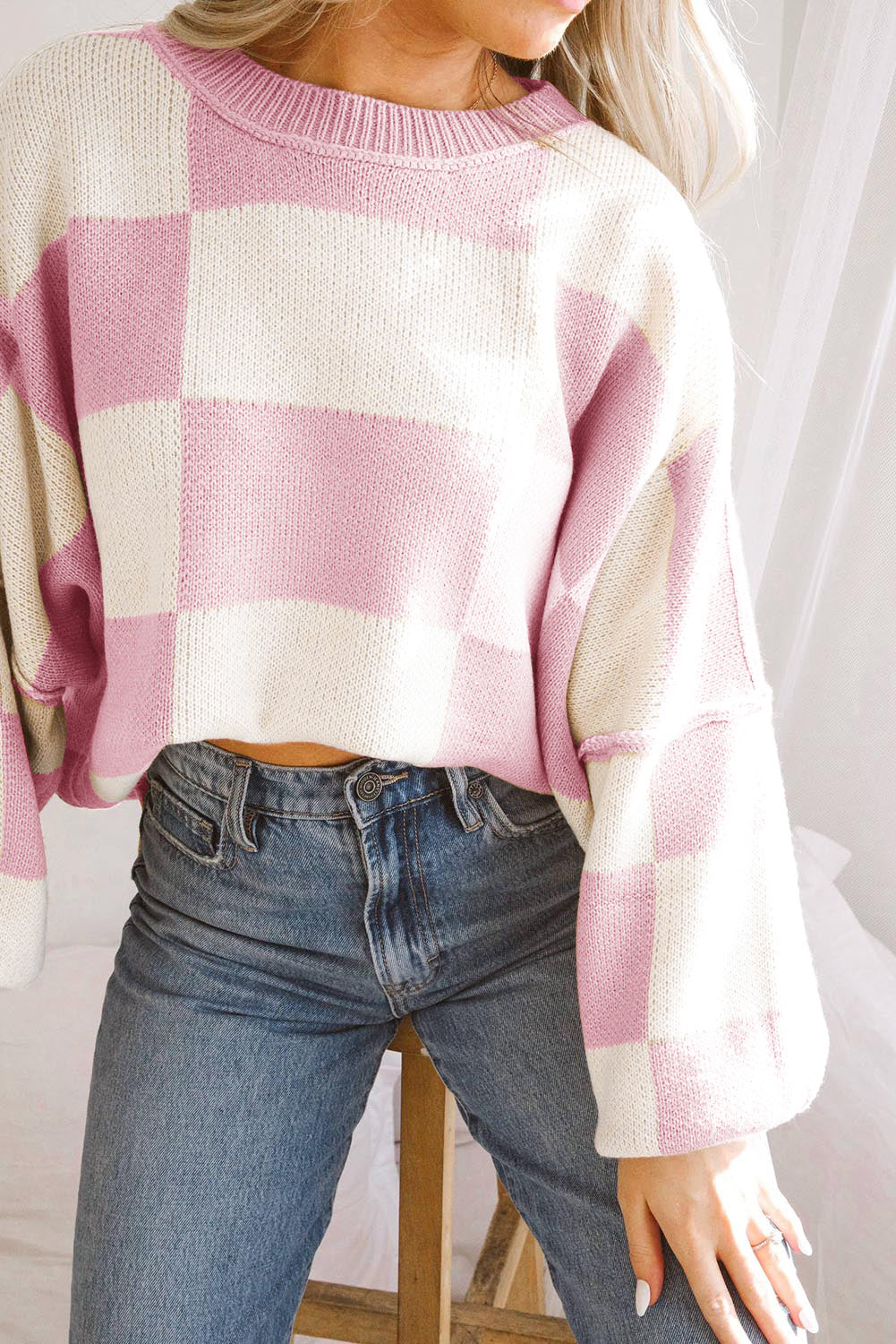 Stripe Checkered Bishop Sleeve Sweater