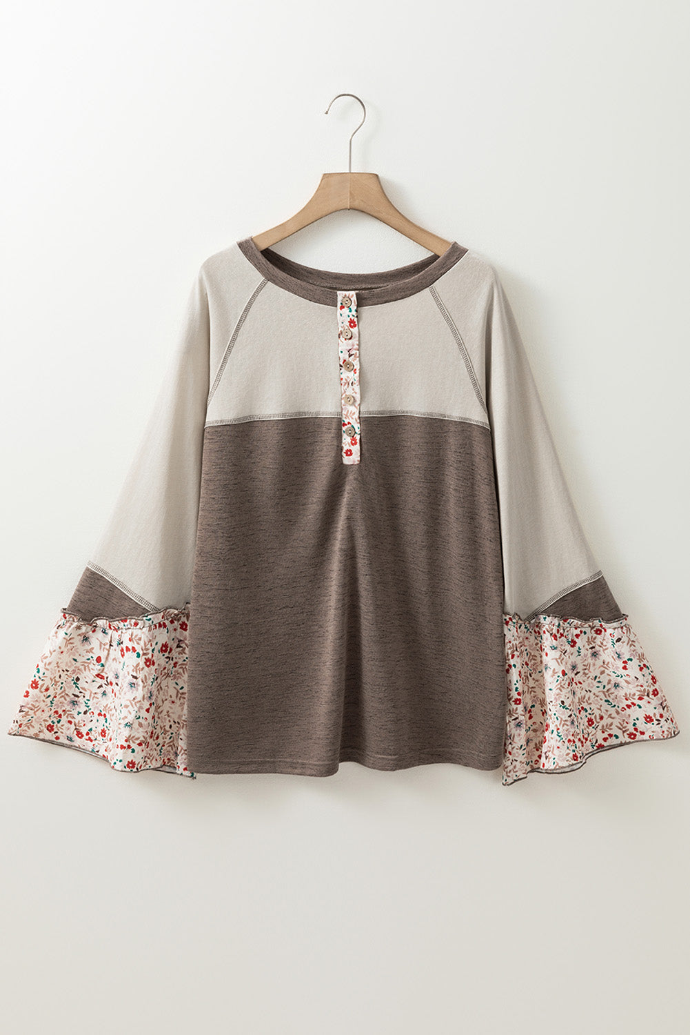 Goat Colorblock Floral Patchwork Flared Sleeve Buttons Henley Top