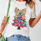 Leopard Bow Décor Christmas Tree Graphic Crew Neck Tee